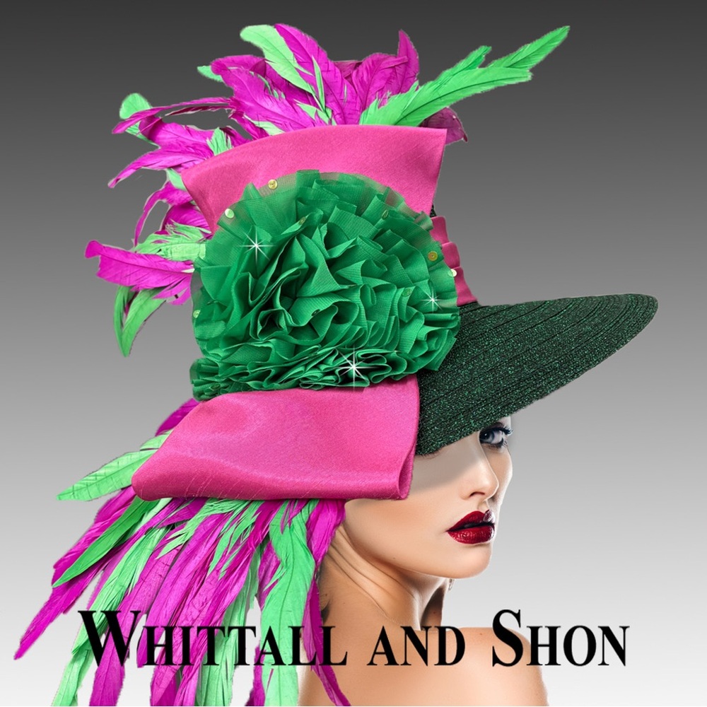 Vibrant Green & Pink Feathered Wide-Brim Hatattitude “The Triple Crown!” Derby!